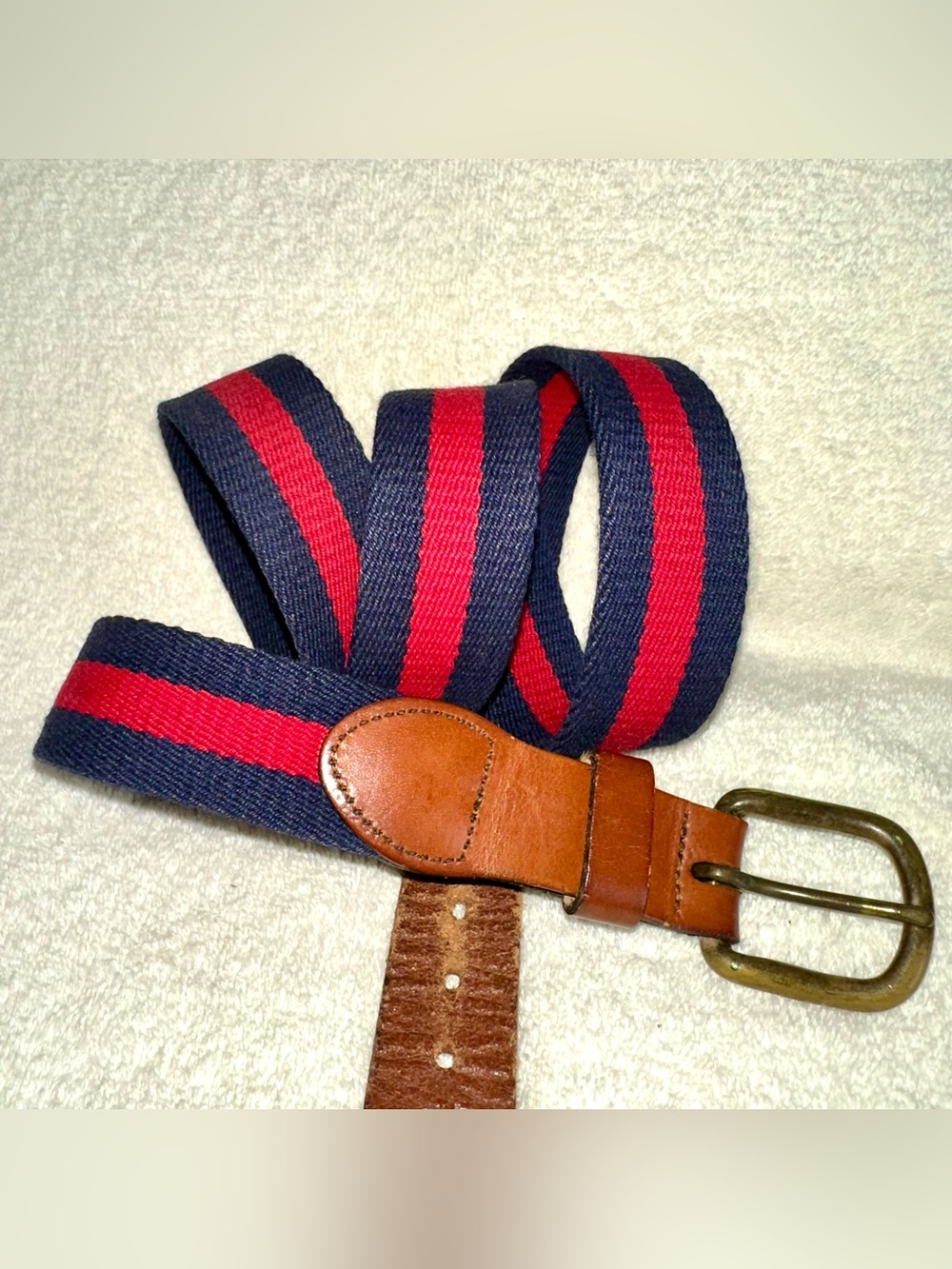 Vintage Leather Man Ltd Navy Red Stripe Canvas Leather Belt Solid Brass Sz 42